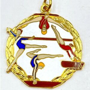 Vintage Gold Tone Gymnastics Medal Pendant‎ Blue Red White Enamel Laurels Wreath